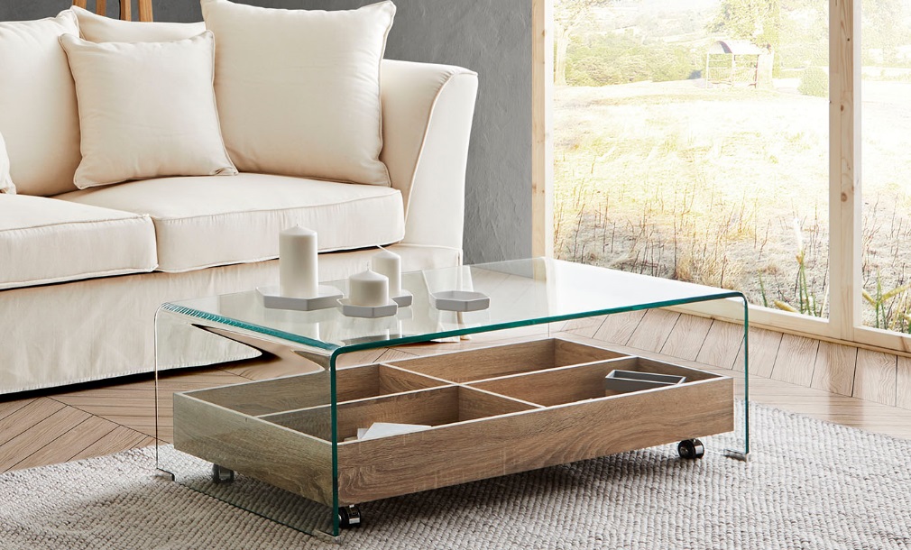 Mesa de centro cristal bandeja roble CT-227 - www.regaldekor.com