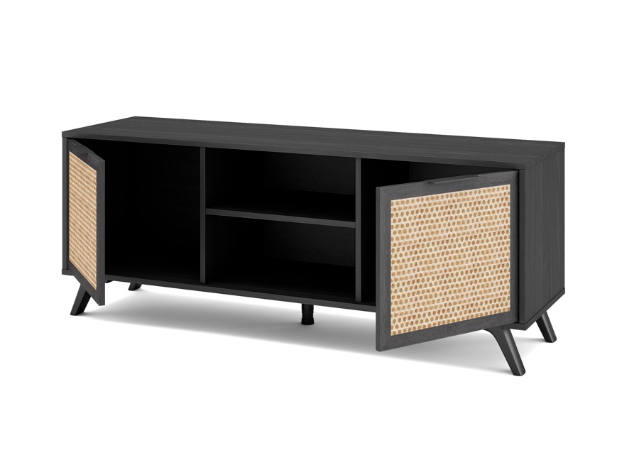 Mueble TV acacia negro ratan trenzado 136 cm