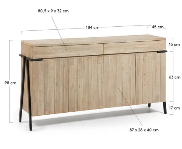 Aparador Budapest madera maciza de acacia 184x98 cm