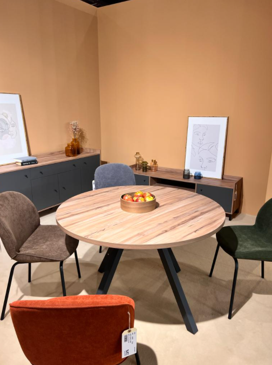 Mesa de comedor redonda industrial vintage nogal Beni 120 cm