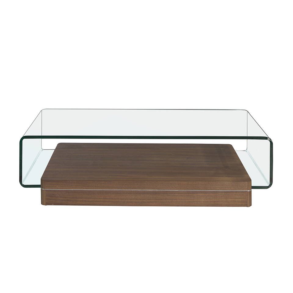 Mesa centro cristal templado curvado y madera nogal