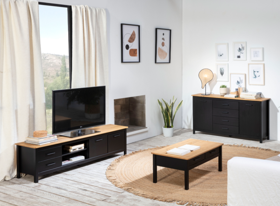 Mueble TV Vega madera de pino negro 180cm