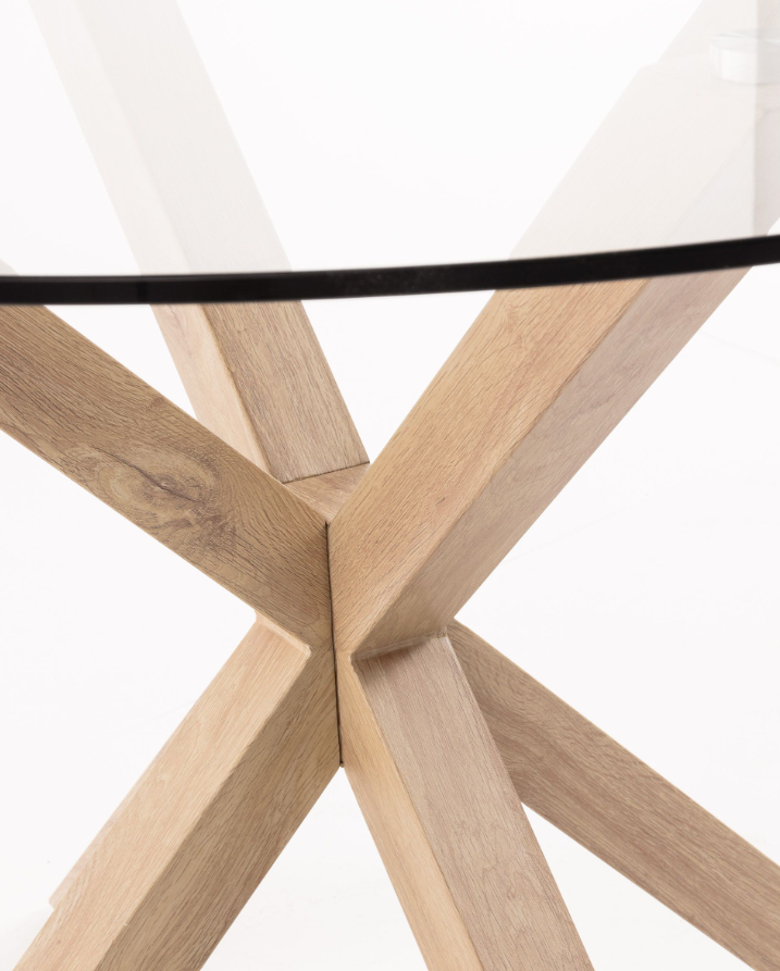Mesa redonda de cristal patas de acero efecto madera 119cm
