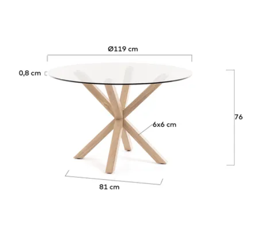 Mesa redonda de cristal patas de acero efecto madera 119cm