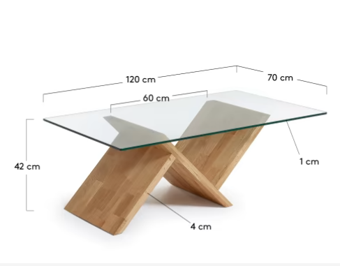 Mesa centro Andana cristal y madera maciza de roble 120x70cm
