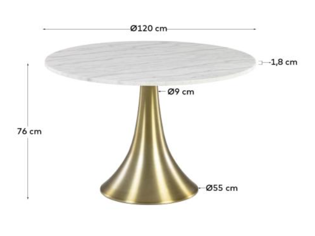 Mesa Gloria de mármol blanco patas acero dorado 120 cm