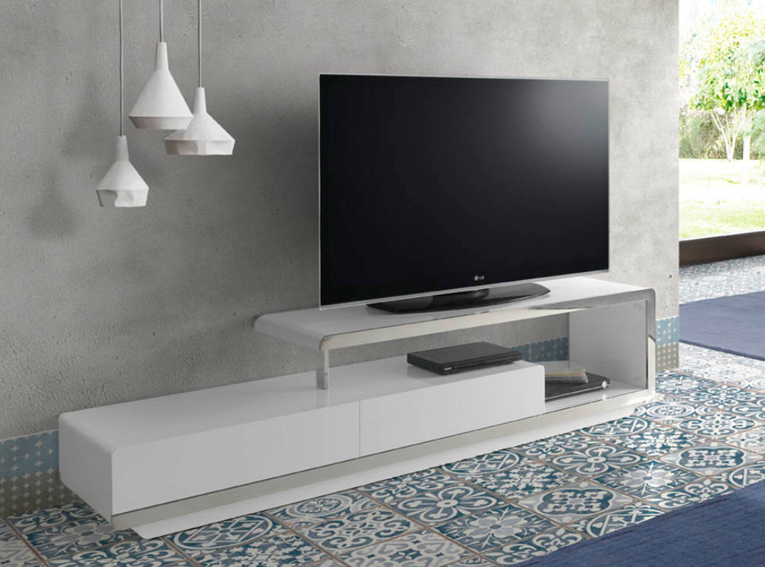 Muebele TV Sensai de madera en color blanco y acero cromado 200x40cm