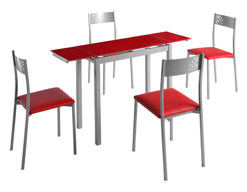 Conjunto de cocina mesa extensible Narbona cristal rojo 4 sillas luso rojo
