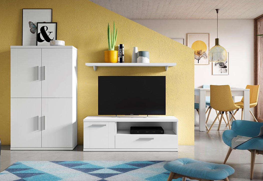 Composicion de salon Minsk con mueble tv, aparador 4 puertas estante y mesa de comedor extensible 90-180x90 cm