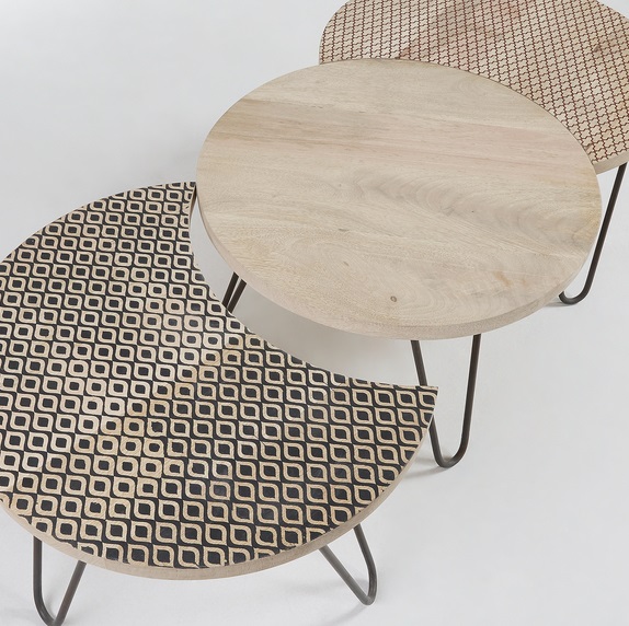 Set 3 mesas metal madera decorada natural 134x61
