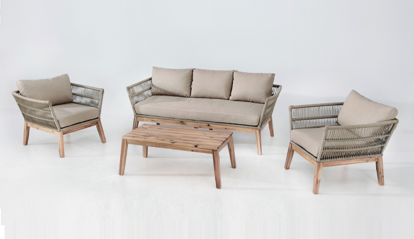 Set sofas Bellano cuerda trenzada beige madera acacia