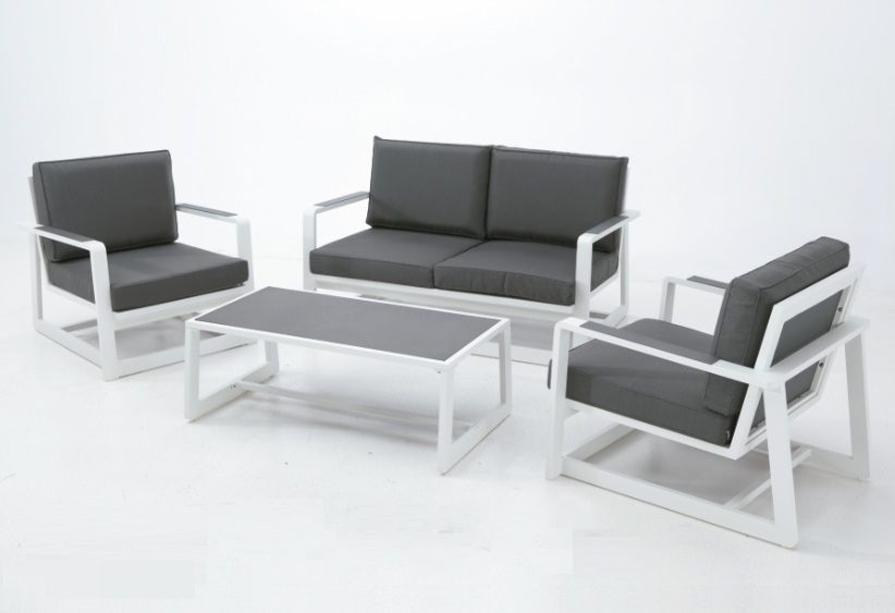 Set Bora sofa aluminio blanco cojines antracita