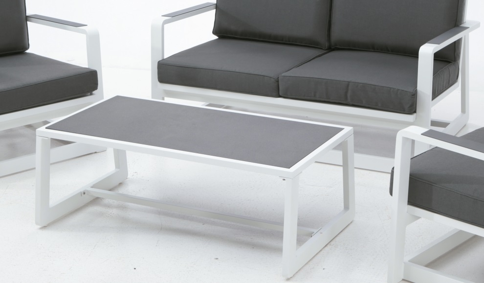 Set Bora sofa aluminio blanco cojines antracita