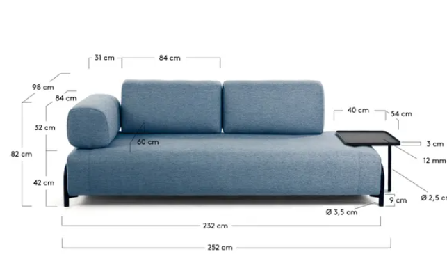 Sofa Damini 3 plazas azul con bandeja 252cm