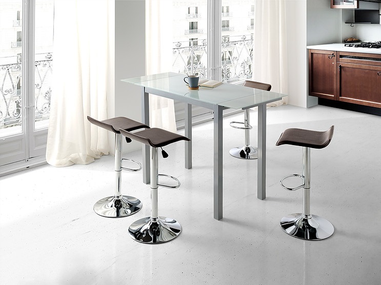 Conjunto de cocina mesa alta extensible cristal blanco Mimes con taburetes tapizados