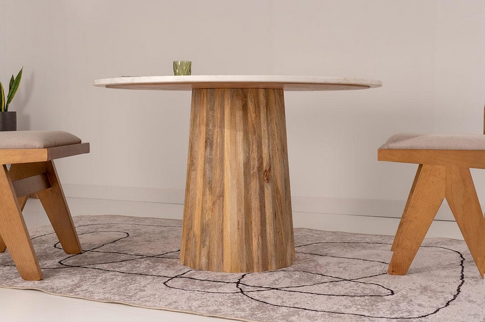 Mesa redonda mármol blanco base madera 120 cm