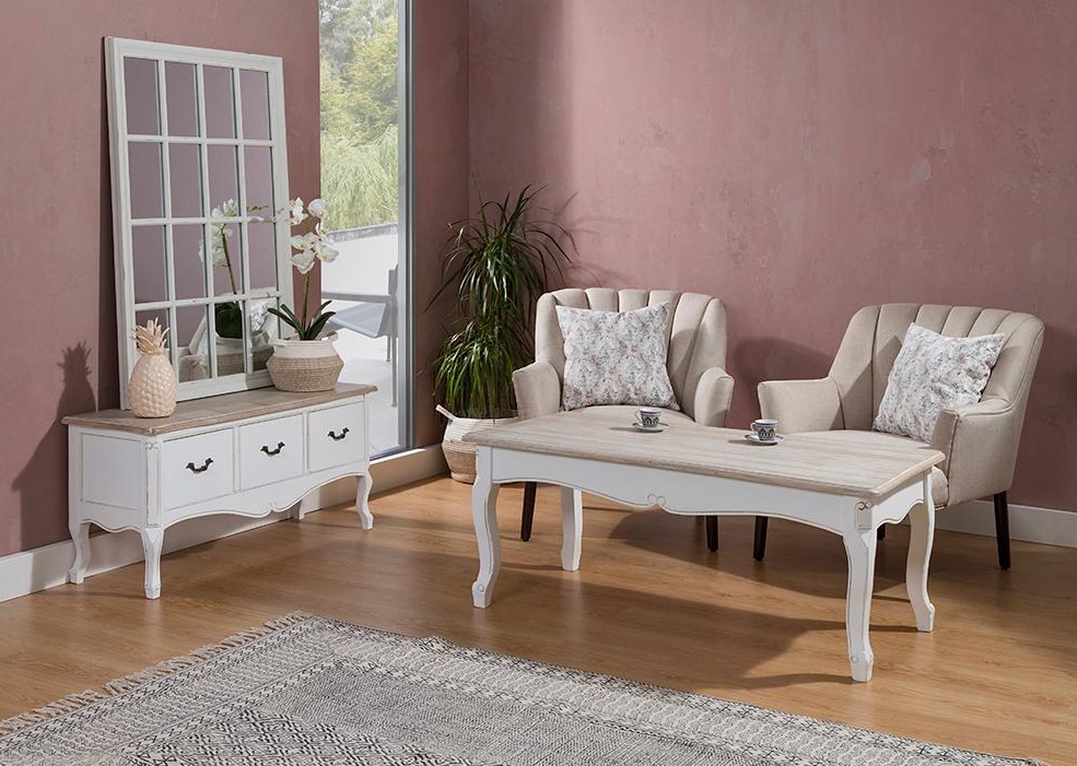 Mesa de sofa madera decapada blanco provenza 120x60 cm