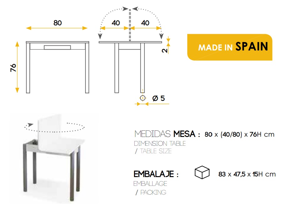 Mesa de cocina extensible Nisa MDF blanca 80x40-80 cm