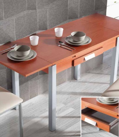 Conjunto de cocina mesa extensible MDF cerezo con cajon Cerave y cuatro sillas Oporto