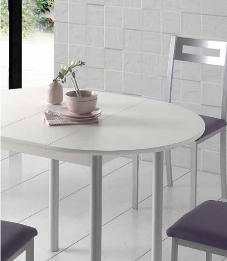 Mesa de cocina redonda extensible Evora MDF blanca 90-120 cm -  www.
