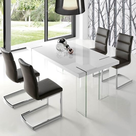 Conjunto de comedor mesa Grecia blanco brillo pie cristal sillas modernas