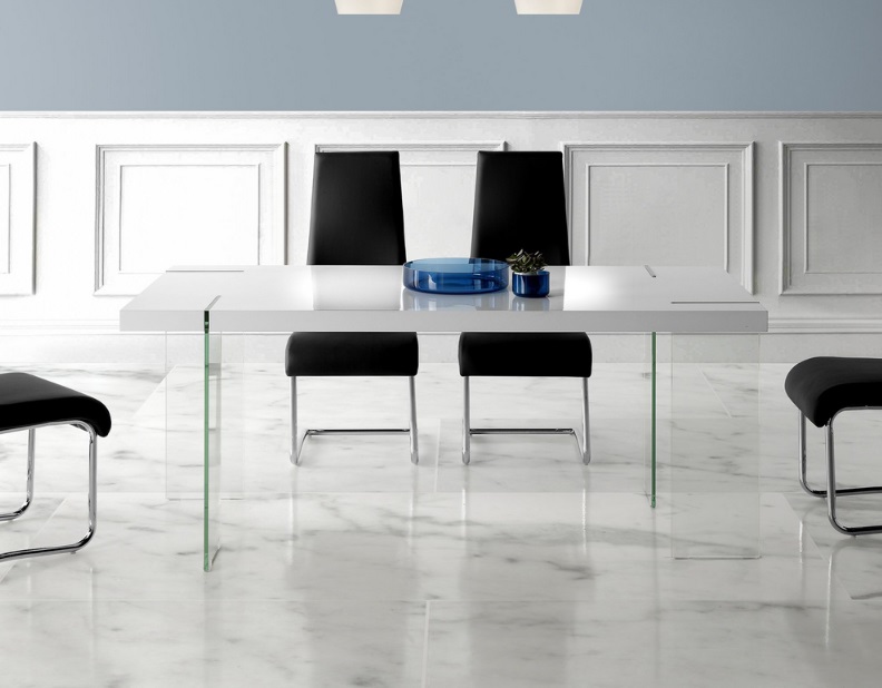 Conjunto de comedor mesa Grecia blanco brillo pie cristal sillas modernas