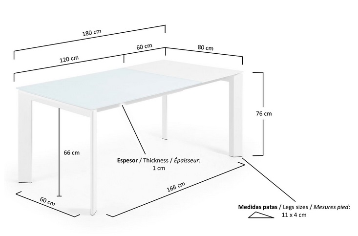 Mesa extensible lam cristal blanco 120-180x80