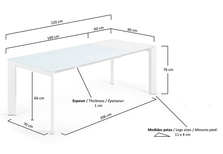 Mesa extensible lam cristal blanco 160-220x90