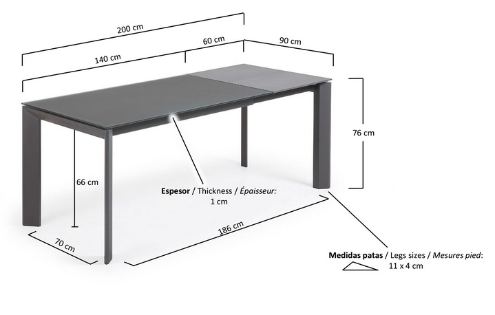 Mesa extensible lam cristal grafito 140-200x90