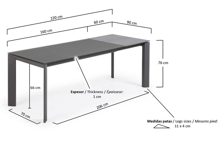 Mesa extensible lam cristal grafito 160-220x90