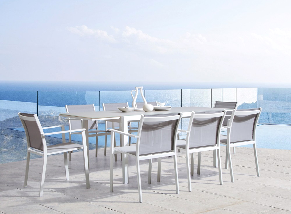 Mesa de terraza aluminio blanco cristal taupe 150x90
