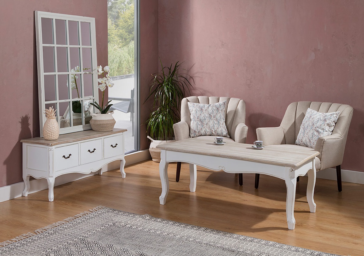 Mueble TV romántica madera blanco provenza 3 cajones 110 cm