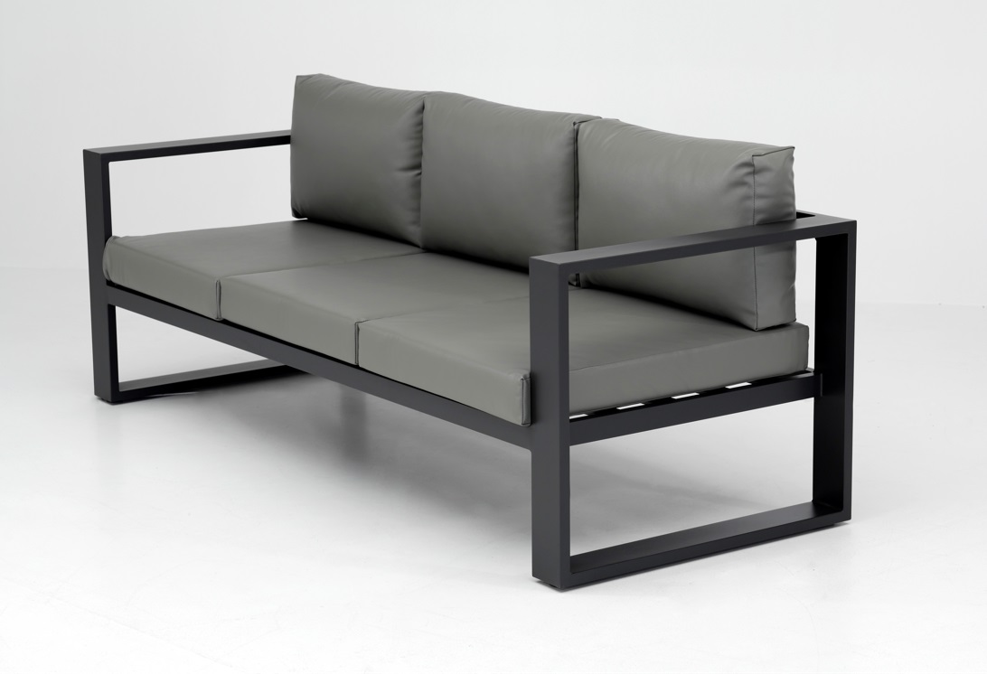 Sofa de tres plazas de terraza Tauro aluminio antracita y tapizado nautico gris