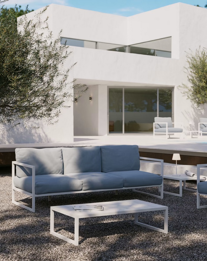 Sofa terraza aluminio blanco tapizado gris claro 3 plazas vela