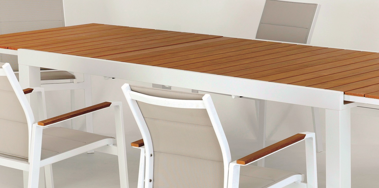 Mesa vienna aluminio blanco lamas madera poliwood 140-200 x 90