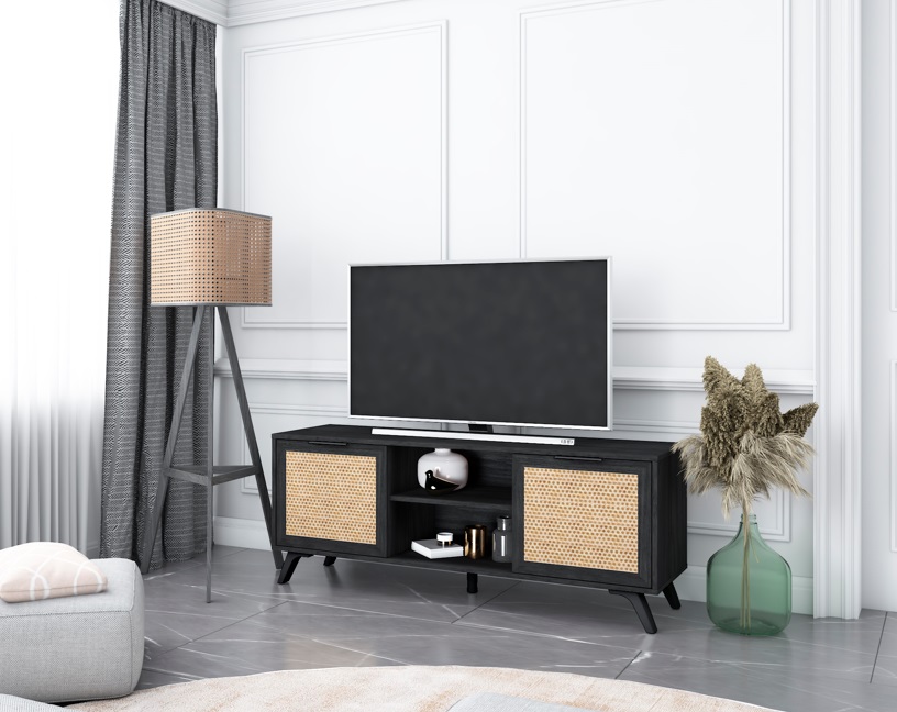 Mueble TV acacia negro ratan trenzado 136 cm
