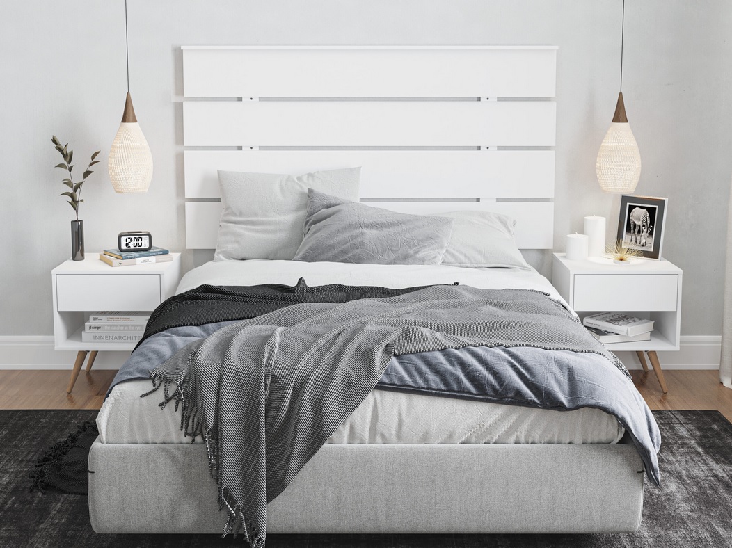 Conjunto dormitorio cabezal mesitas madera blanco Nordic