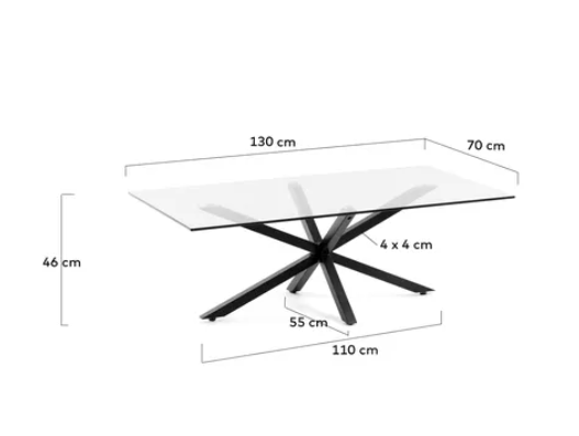 Mesa de centro de cristal y patas de acero negro 130x70cm