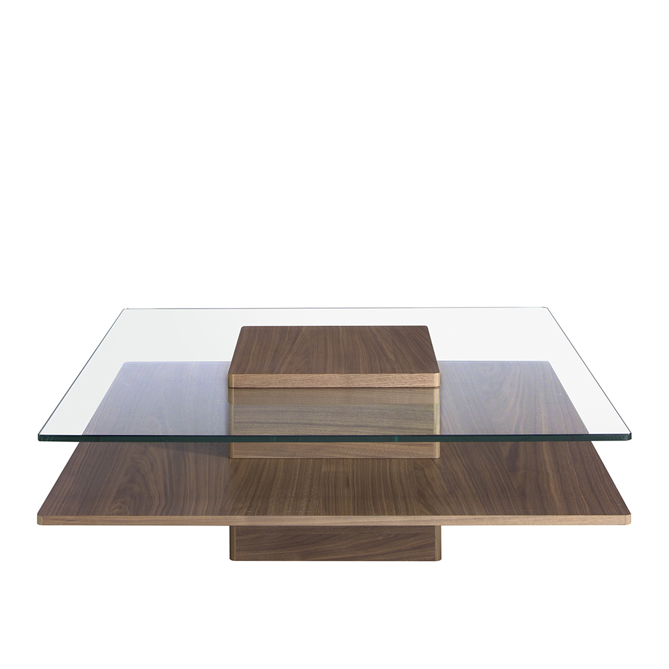 Mesa centro cuadrada de cristal templado y madera nogal