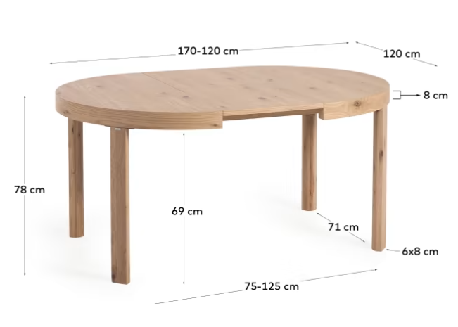 Mesa extensible redonda Hoffman roble y madera maciza 120(170)x120cm