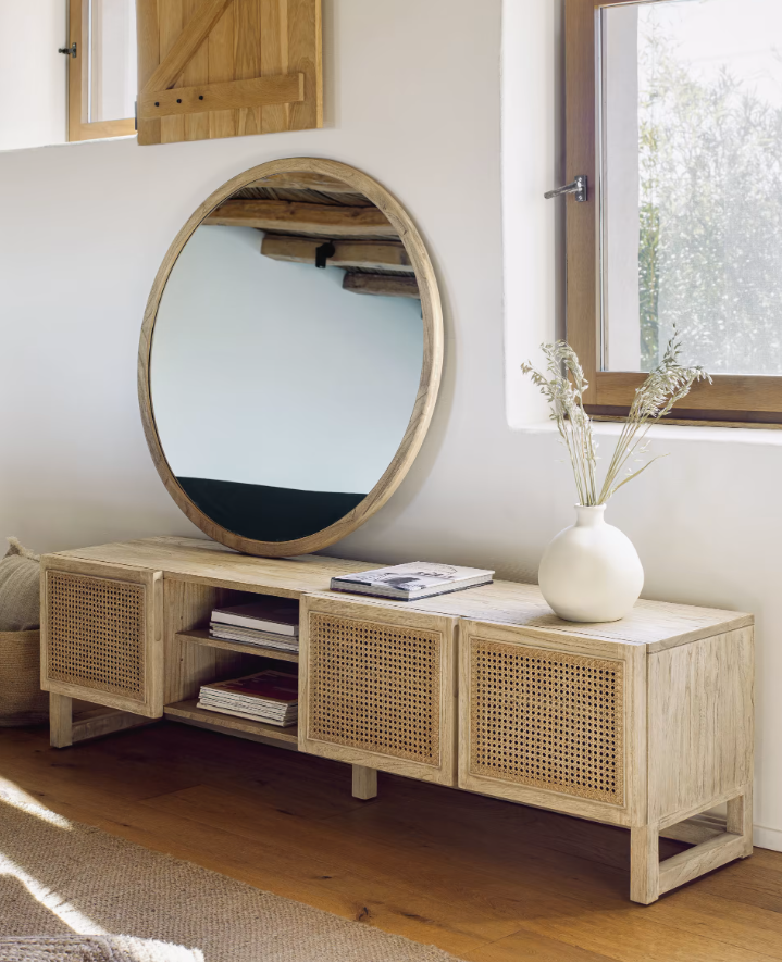 Mueble TV Mareti madera maciza y chapa mindi con ratán 180x50cm