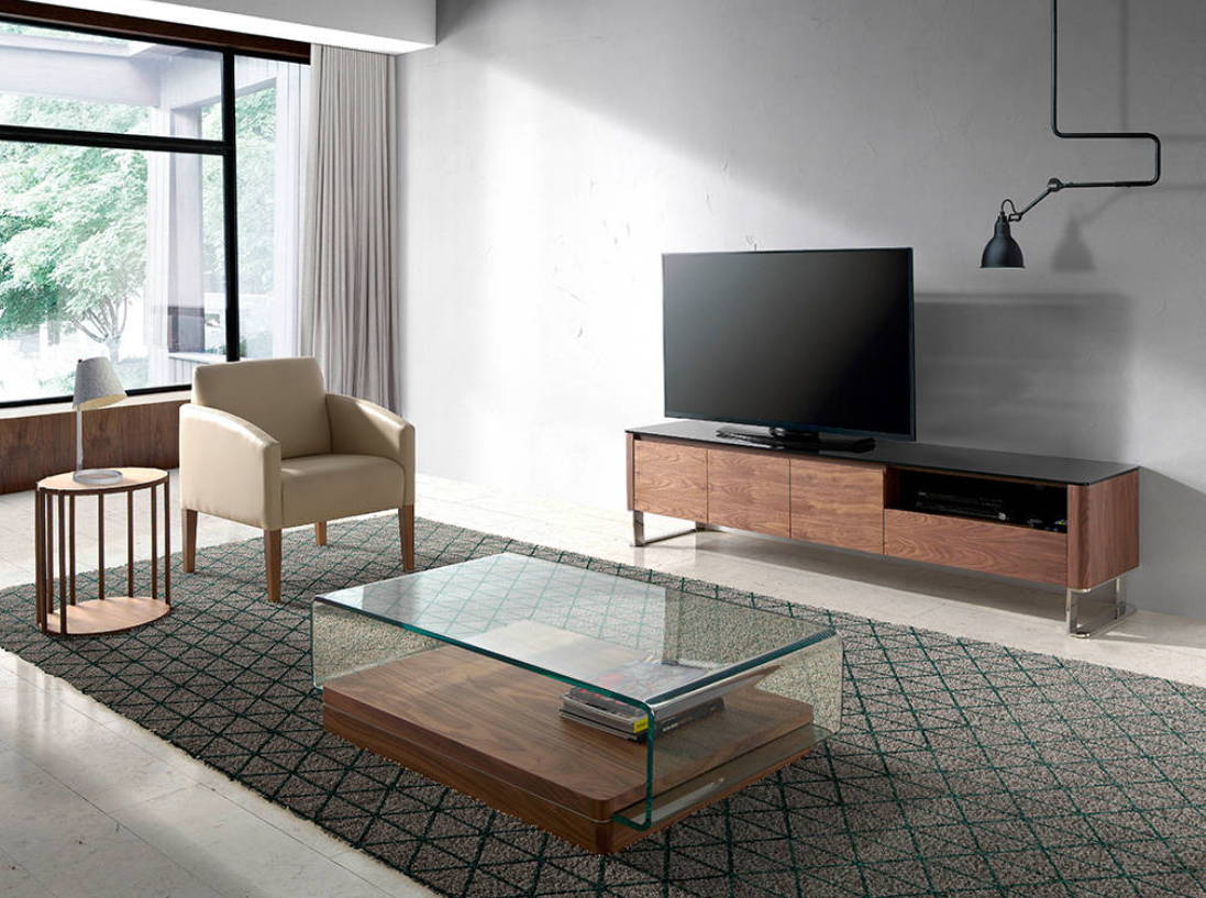 Mueble TV Olimplia madera de nogal y tapa cristal negro 200x45cm
