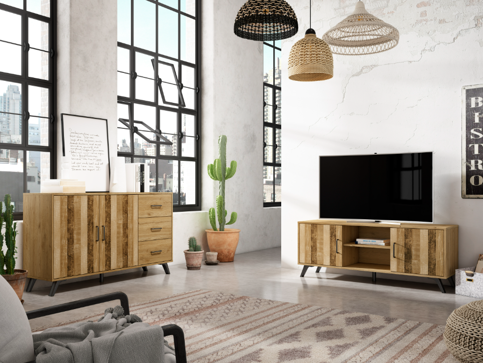 Mueble TV nordic en madera natual serigrafia 136x40cm