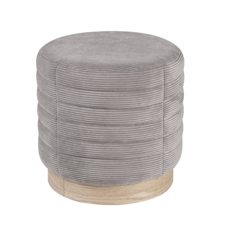 Puff Saul base madera tela rayada gris 40 cm