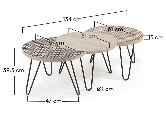 Set 3 mesas metal madera decorada natural 134x61