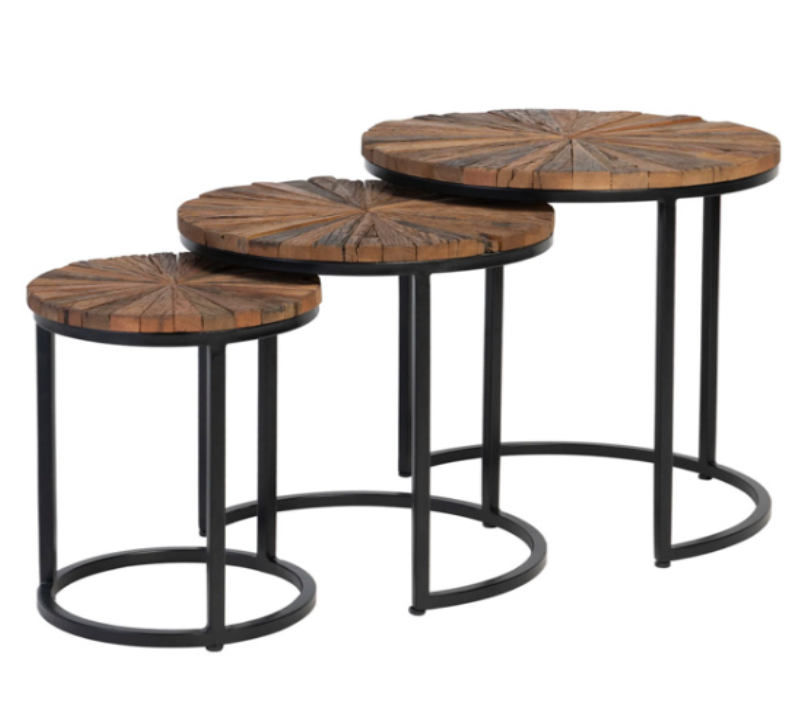 Set mesas auxiliares Nakul madera y hierro 45-38-28cm