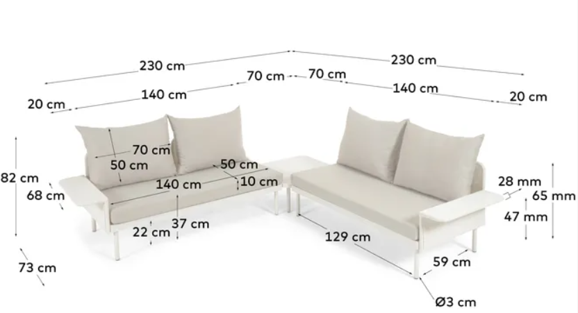 Set exterior Segorbe de sofá rinconero y mesa aluminio blanco mate 164cm