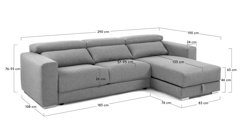 Sofa binari deslizante 3 plazas chaise longue tela gris