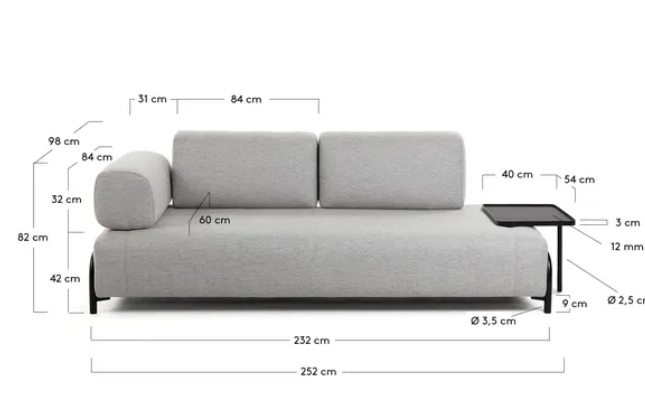 Sofa Damini 3 plazas gris oscuro con bandeja 252cm