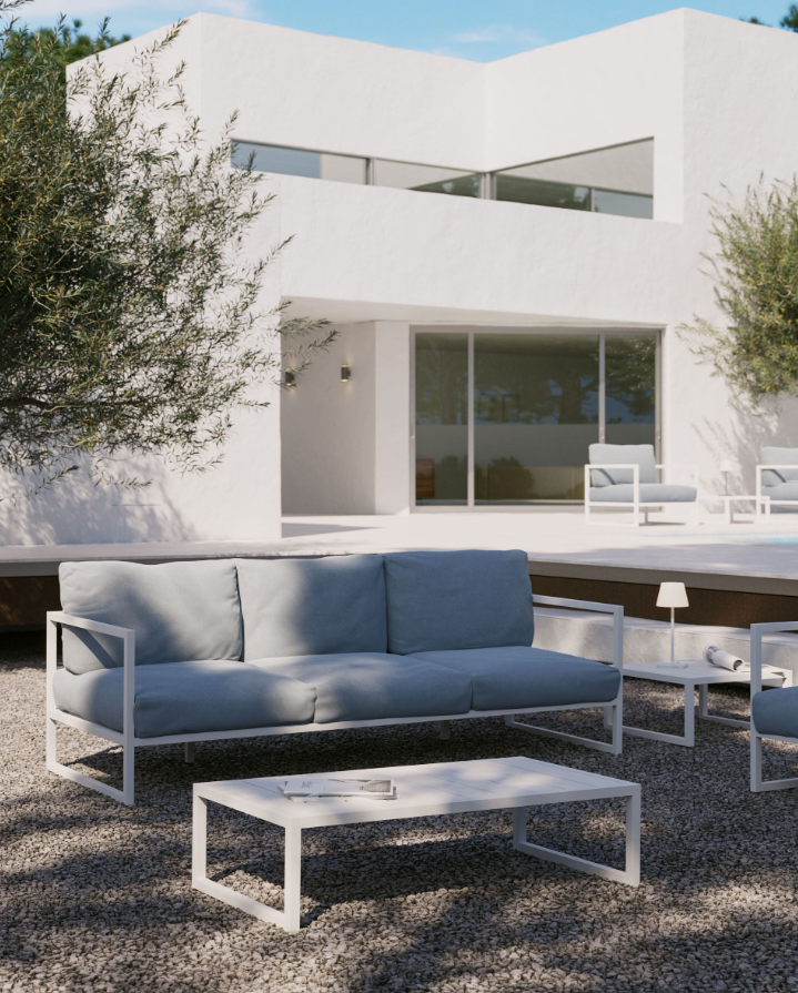 Sofá de exterior Benissa 3 plazas azul y aluminio blanco 222cm